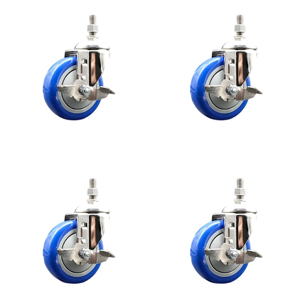 Service Caster 4 Inch 316SS Blue Polyurethane Swivel 1/2 Inch Threaded Stem Caster Set Brake SCC SS316TS20S414-PPUB-BLUE-TLB-121315-4 - main